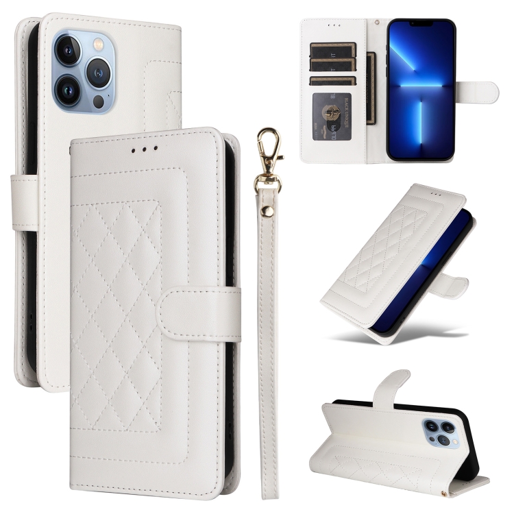 

For iPhone 13 Pro Max Diamond Lattice Leather Flip Phone Case(White)