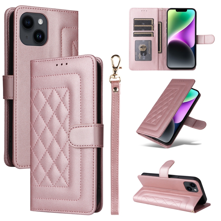 

For iPhone 14 Diamond Lattice Leather Flip Phone Case(Rose Gold)