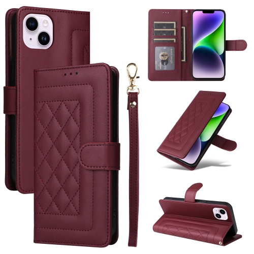 

For iPhone 14 Plus Diamond Lattice Leather Flip Phone Case(Wine Red)