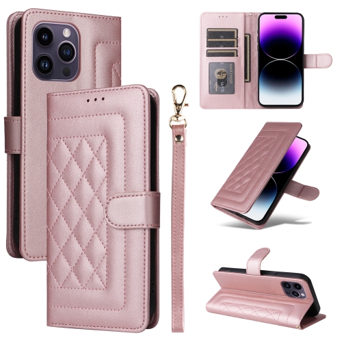 

For iPhone 14 Pro Max Diamond Lattice Leather Flip Phone Case(Rose Gold)