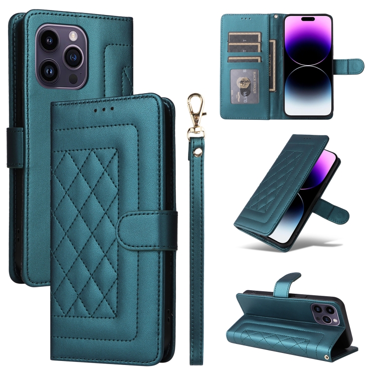 

For iPhone 14 Pro Max Diamond Lattice Leather Flip Phone Case(Green)