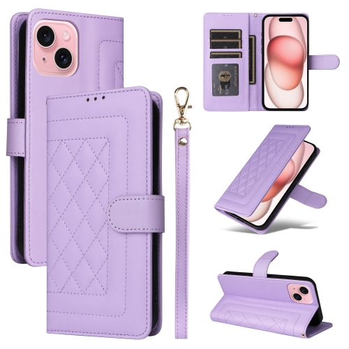 

For iPhone 15 Diamond Lattice Leather Flip Phone Case(Light Purple)