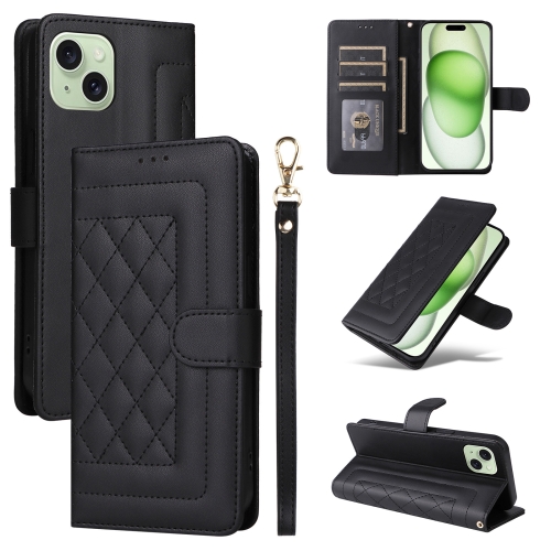 

For iPhone 15 Plus Diamond Lattice Leather Flip Phone Case(Black)