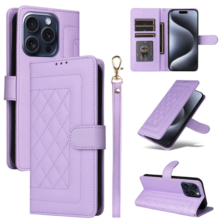 

For iPhone 15 Pro Diamond Lattice Leather Flip Phone Case(Light Purple)