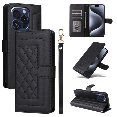 

For iPhone 15 Pro Max Diamond Lattice Leather Flip Phone Case(Black)