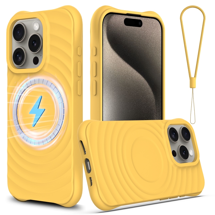 

For iPhone 16 Pro Wave Texture MagSafe Magnetic Liquid Silicone Phone Case(Yellow)