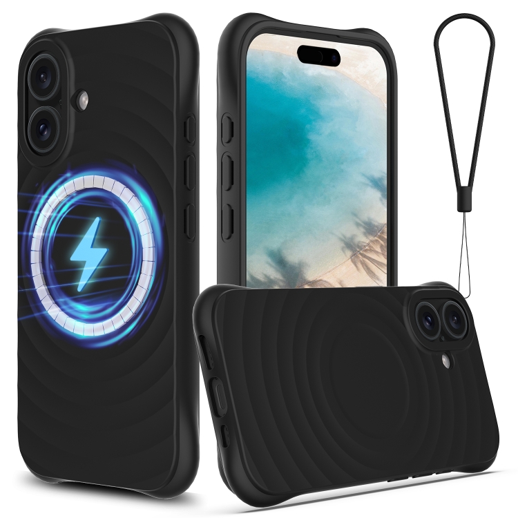 

For iPhone 16 Plus Wave Texture MagSafe Magnetic Liquid Silicone Phone Case(Black)