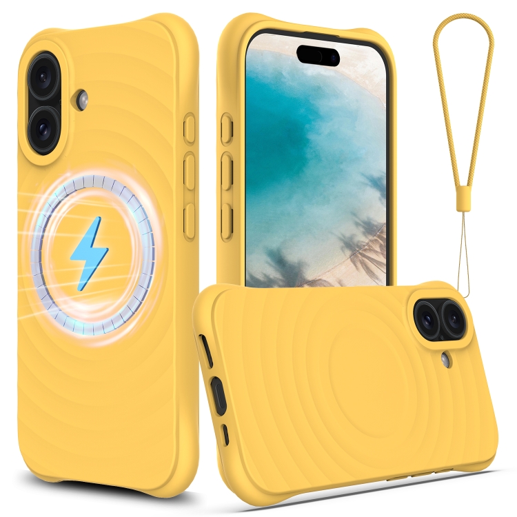 

For iPhone 16 Wave Texture MagSafe Magnetic Liquid Silicone Phone Case(Yellow)