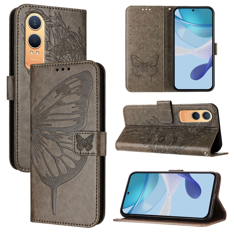 

For OnePlus Nord CE4 Lite Embossed Butterfly Leather Phone Case(Grey)