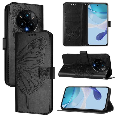 

For Realme 14 Pro+ Embossed Butterfly Leather Phone Case(Black)