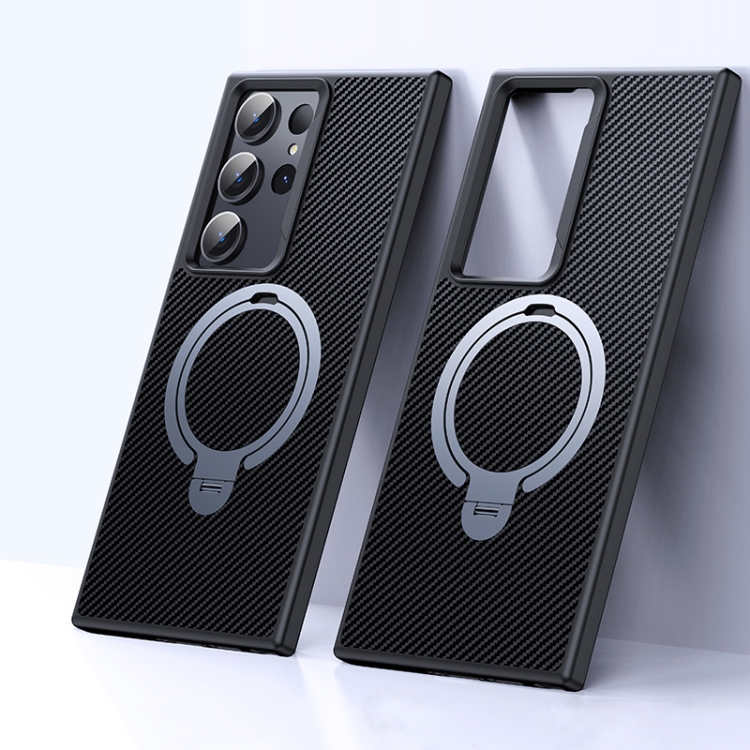 

For Samsung Galaxy S23 Ultra 5G Double Ring MagSafe Holder Carbon Fibre Phone Case(Silver)