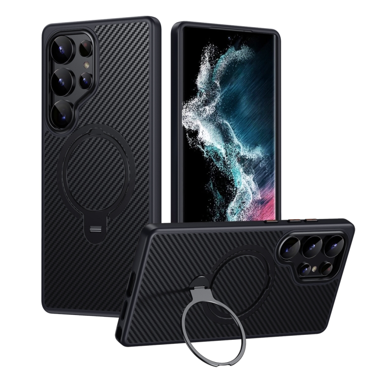 

For Samsung Galaxy S25 Ultra 5G Double Ring MagSafe Holder Carbon Fibre Phone Case(Black)