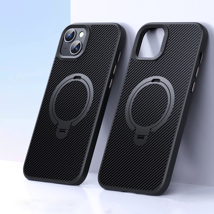 

For iPhone 15 Plus / 14 Plus Double Ring MagSafe Holder Carbon Fiber Phone Case(Black)
