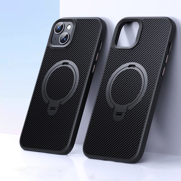 

For iPhone 15 Double Ring MagSafe Holder Carbon Fiber Phone Case(Black)