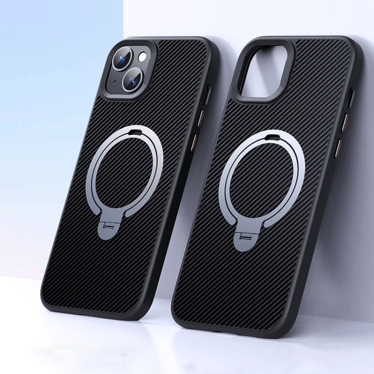 

For iPhone 15 Double Ring MagSafe Holder Carbon Fiber Phone Case(Silver)