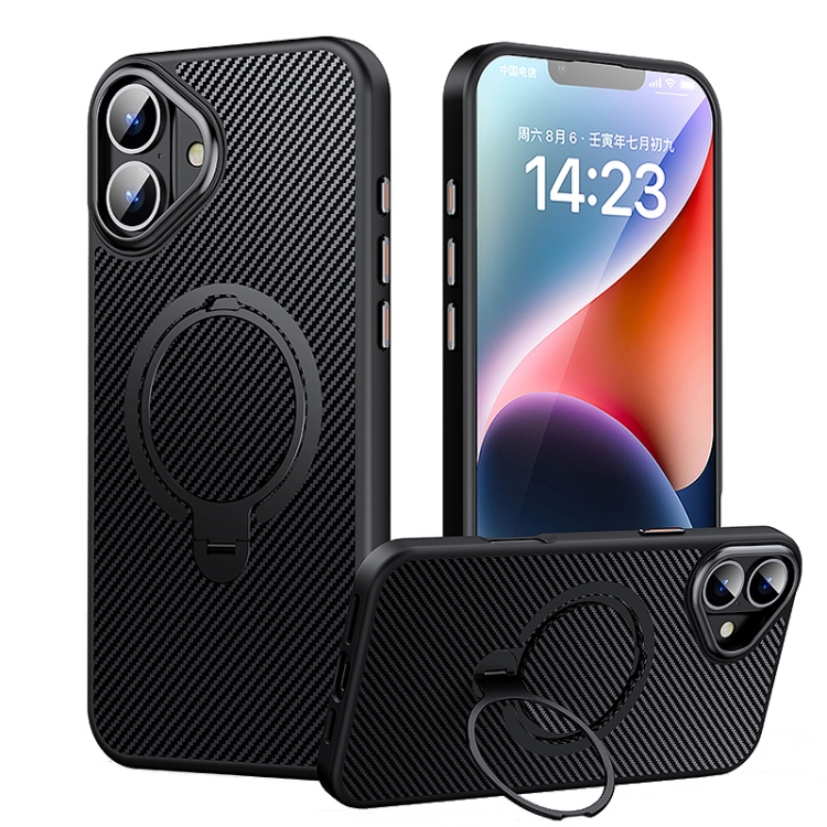 

For iPhone 16 Plus Double Ring MagSafe Holder Carbon Fiber Phone Case(Black)