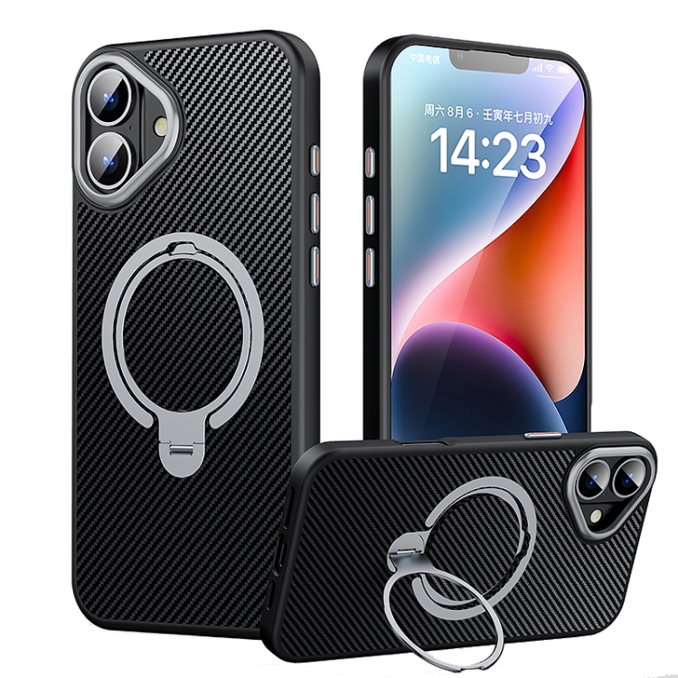 

For iPhone 16 Plus Double Ring MagSafe Holder Carbon Fiber Phone Case(Silver)