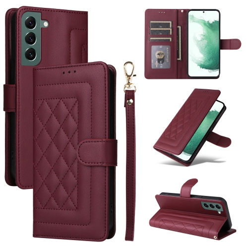 

For Samsung Galaxy S22+ 5G Diamond Lattice Leather Flip Phone Case(Wine Red)