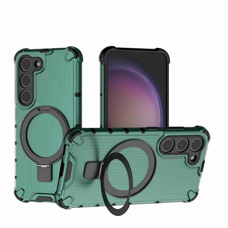 

For Samsung Galaxy S23 5G Grating Holder Shockproof Phone Case(Green)