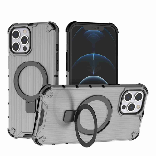 

For iPhone 12 Pro Max Grating Holder Shockproof Phone Case(Transparent Black)