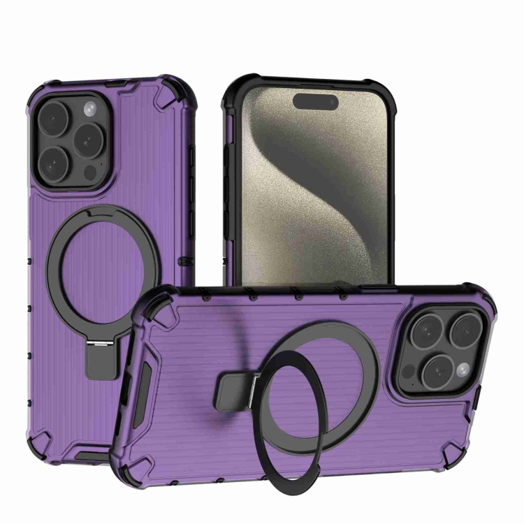 

For iPhone 15 Pro Grating Holder Shockproof Phone Case(Purple)
