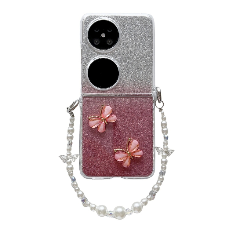 

For Huawei Pocket 2 Glitter Powder 3D Butterfly PC Side Buckle Full Coverage Shockproof Phone Case with Pearl Bracelet(Red)