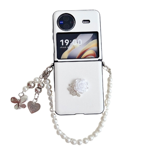 

For vivo X Flip Leather Texture 3D Rose Side Buckle Full Coverage Shockproof Phone Case with Pearl Bracelet(White)