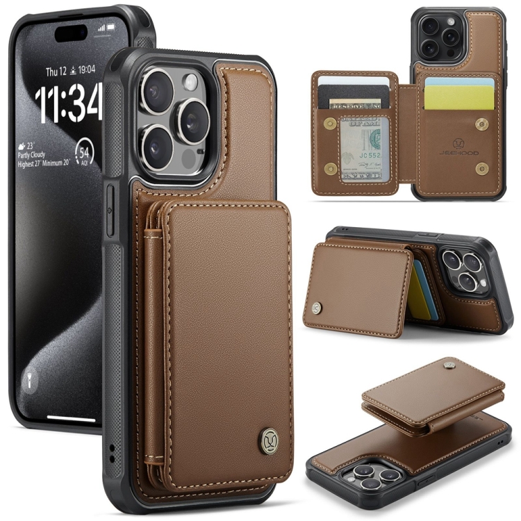 

For iPhone 15 Pro Max JEEHOOD J05 Business Magnetic Style RFID Leather Phone Case(Brown)