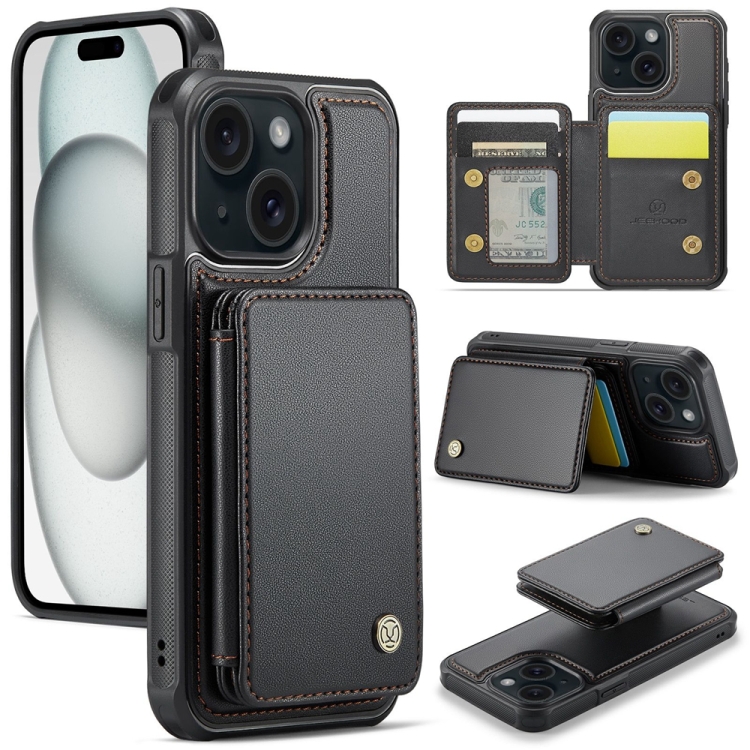 

For iPhone 15 JEEHOOD J05 Business Magnetic Style RFID Leather Phone Case(Black)