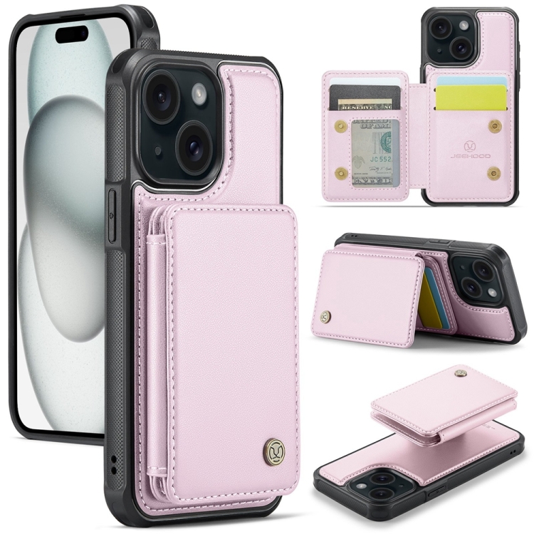 

For iPhone 15 JEEHOOD J05 Business Magnetic Style RFID Leather Phone Case(Pink)