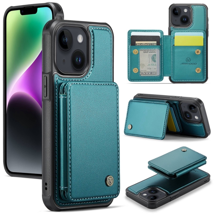 

For iPhone 14 JEEHOOD J05 Business Magnetic Style RFID Leather Phone Case(Blue Green)