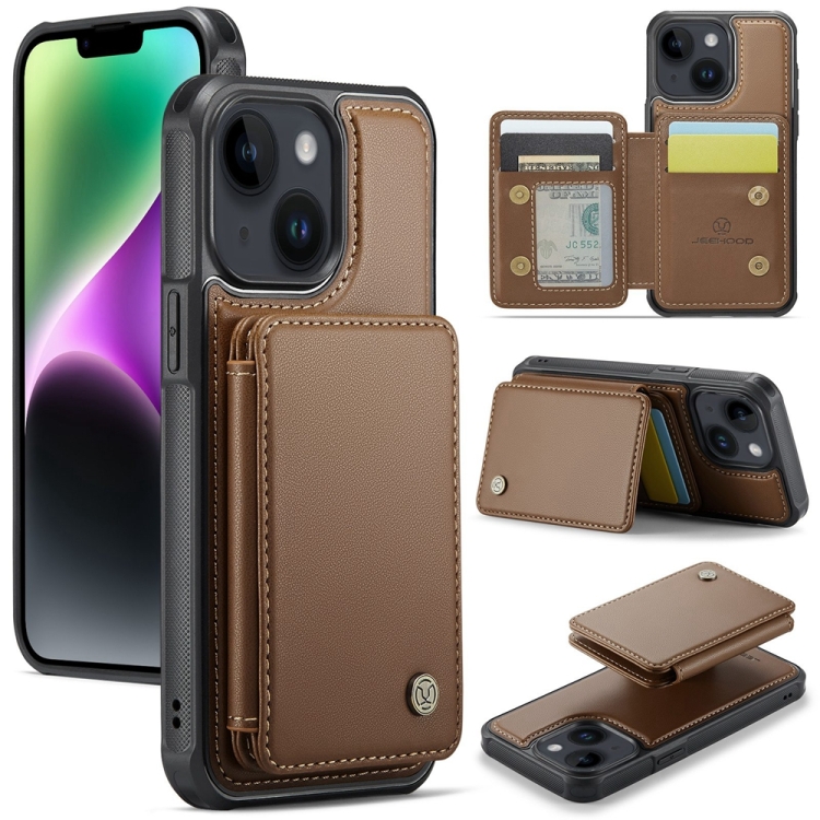 

For iPhone 14 JEEHOOD J05 Business Magnetic Style RFID Leather Phone Case(Brown)
