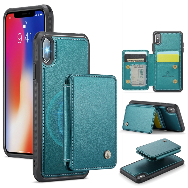 

For iPhone X / XS JEEHOOD J05 Business Magnetic Style RFID Leather Phone Case(Blue Green)