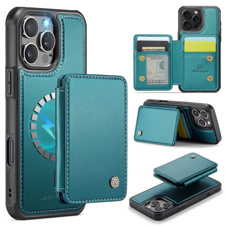 

For iPhone 16 Pro JEEHOOD J05 Business Magnetic Style RFID Leather Phone Case(Blue Green)