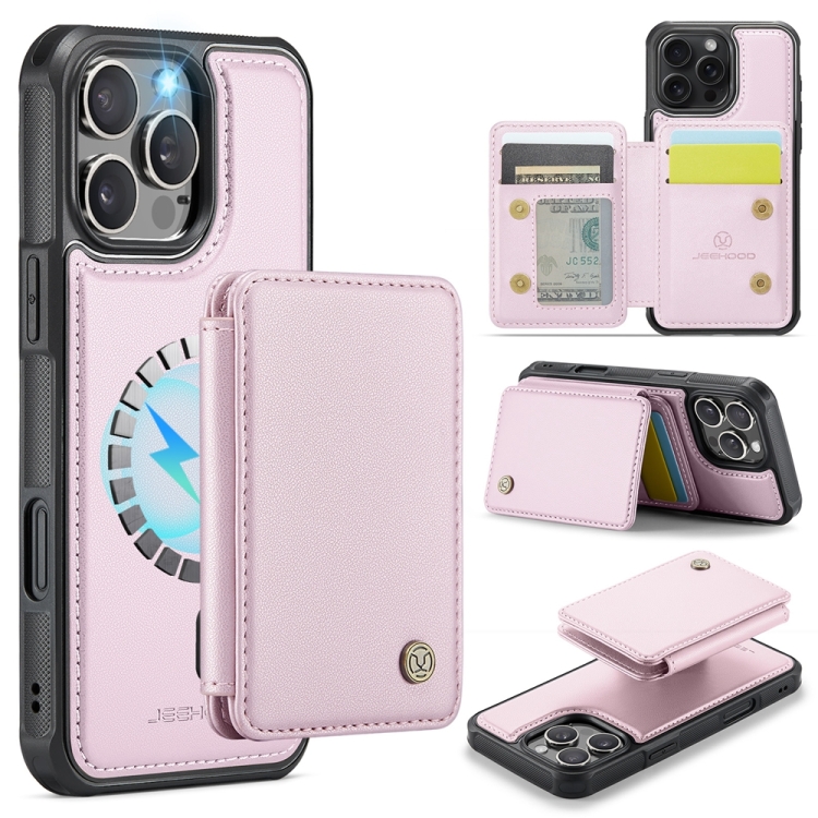 

For iPhone 16 Pro JEEHOOD J05 Business Magnetic Style RFID Leather Phone Case(Pink)