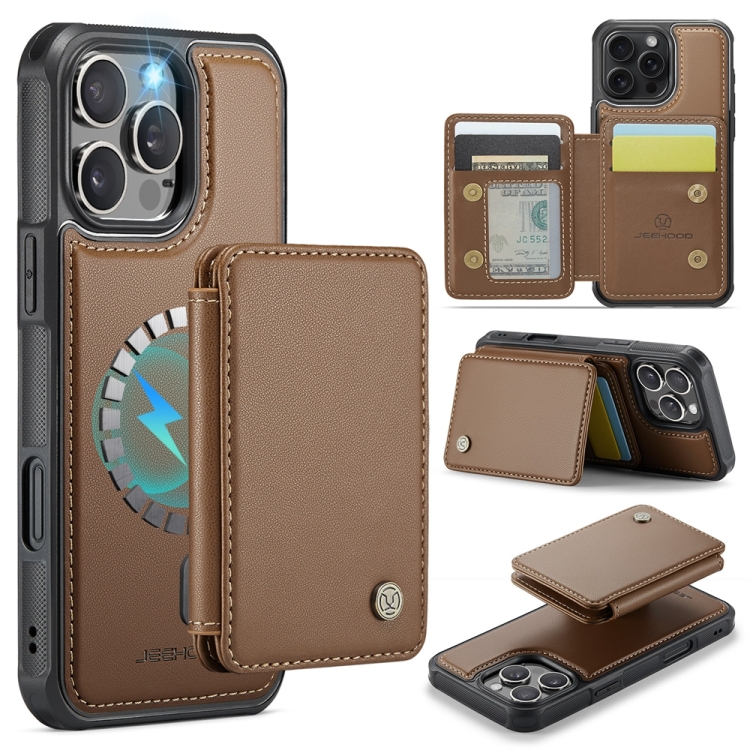 

For iPhone 16 Pro JEEHOOD J05 Business Magnetic Style RFID Leather Phone Case(Brown)