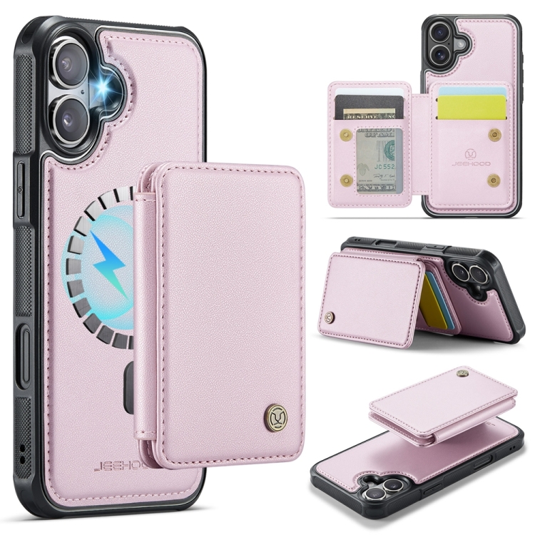 

For iPhone 16 Plus JEEHOOD J05 Business Magnetic Style RFID Leather Phone Case(Pink)