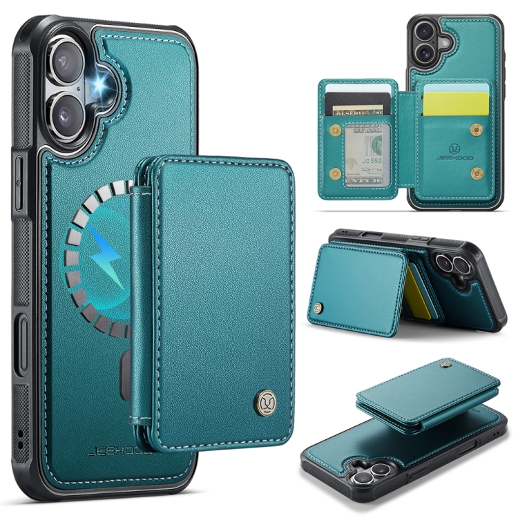 

For iPhone 16 JEEHOOD J05 Business Magnetic Style RFID Leather Phone Case(Blue Green)