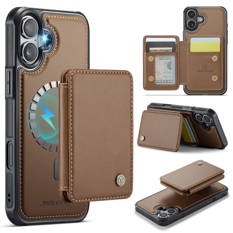 

For iPhone 16 JEEHOOD J05 Business Magnetic Style RFID Leather Phone Case(Brown)