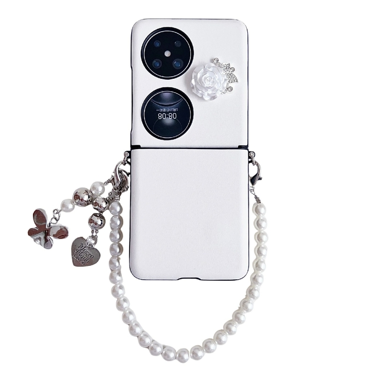 

For Huawei Pocket 2 Leather Texture 3D Rose Side Buckle Full Coverage Shockproof Phone Case with Pearl Bracelet(White)