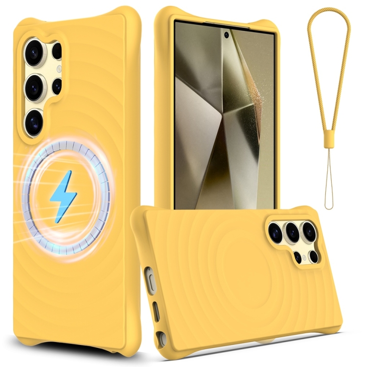 For Samsung Galaxy S25 Ultra 5G Wave Texture MagSafe Magnetic Liquid Silicone Phone Case(Yellow)