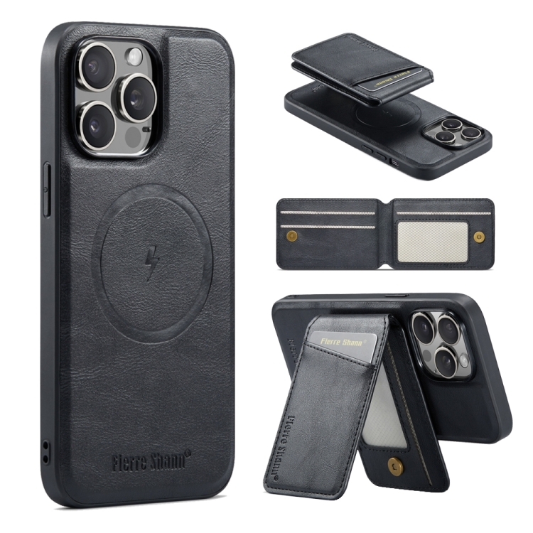 

For iPhone 15 Pro Fierre Shann Cowhide Vertical Flip Magnetic Card Holder Phone Case(Black)
