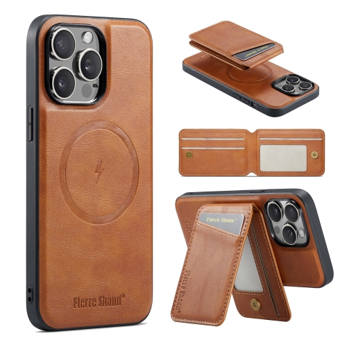 

For iPhone 15 Pro Fierre Shann Cowhide Vertical Flip Magnetic Card Holder Phone Case(Brown)
