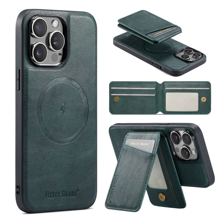 

For iPhone 14 Pro Max Fierre Shann Cowhide Vertical Flip Magnetic Card Holder Phone Case(Green)