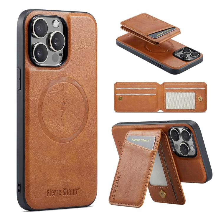 

For iPhone 14 Pro Fierre Shann Cowhide Vertical Flip Magnetic Card Holder Phone Case(Brown)