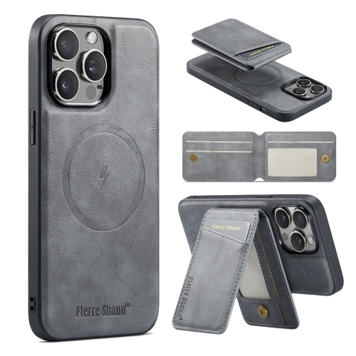 

For iPhone 12 Pro Fierre Shann Cowhide Vertical Flip Magnetic Card Holder Phone Case(Grey)
