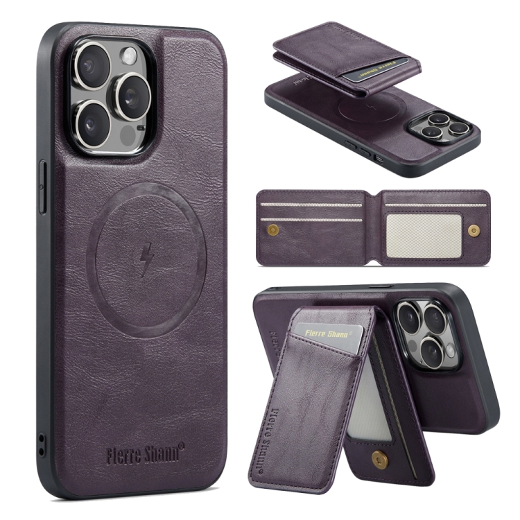 

For iPhone 12 Pro Fierre Shann Cowhide Vertical Flip Magnetic Card Holder Phone Case(Purple)