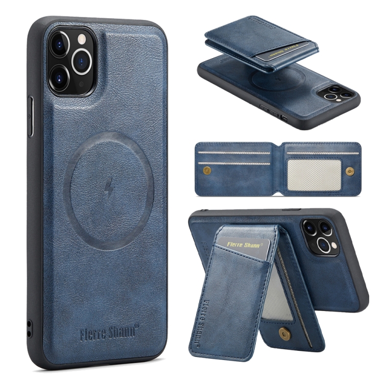 

For iPhone 11 Pro Max Fierre Shann Cowhide Vertical Flip Magnetic Card Holder Phone Case(Blue)