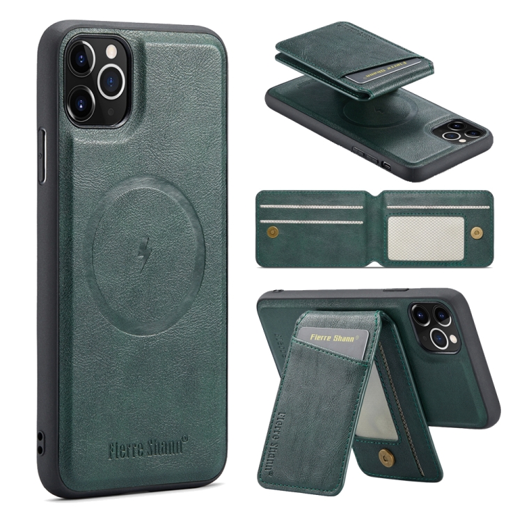 

For iPhone 11 Pro Max Fierre Shann Cowhide Vertical Flip Magnetic Card Holder Phone Case(Green)