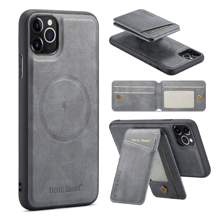 

For iPhone 11 Pro Max Fierre Shann Cowhide Vertical Flip Magnetic Card Holder Phone Case(Grey)